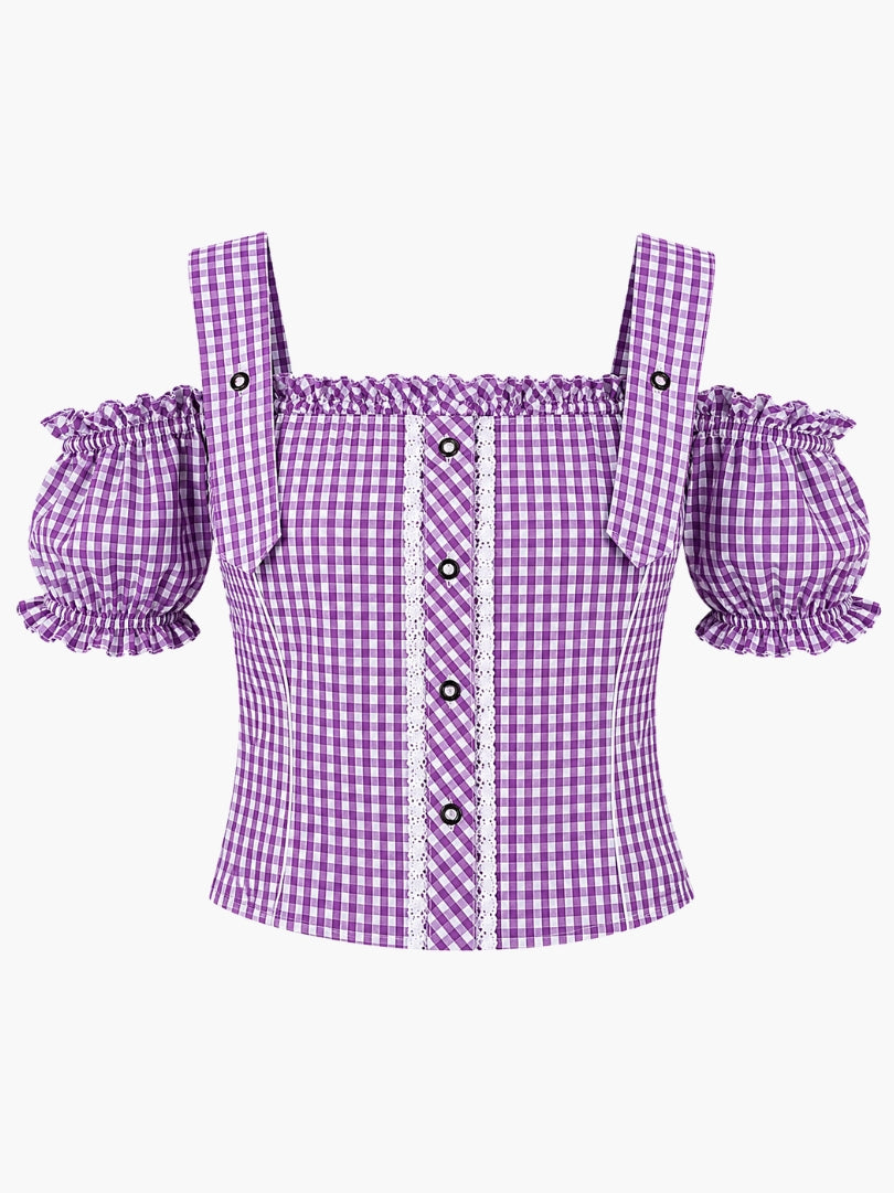 Purple and white checkered Bavarian blouse with square neckline, puff sleeves, and lace center panel for Oktoberfest outfit.