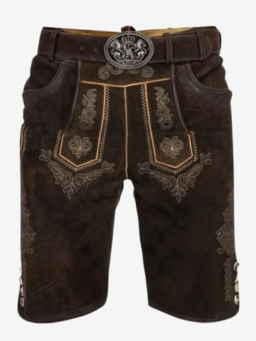 Front view of dark brown lederhosen with ornate embroidery, traditional flap design, and belt with engraved buckle.