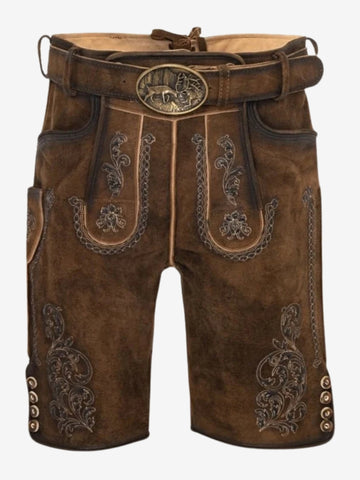 Front view of dark brown Bavarian lederhosen with symmetrical embroidery, front flap, and a belt with a decorative buckle.