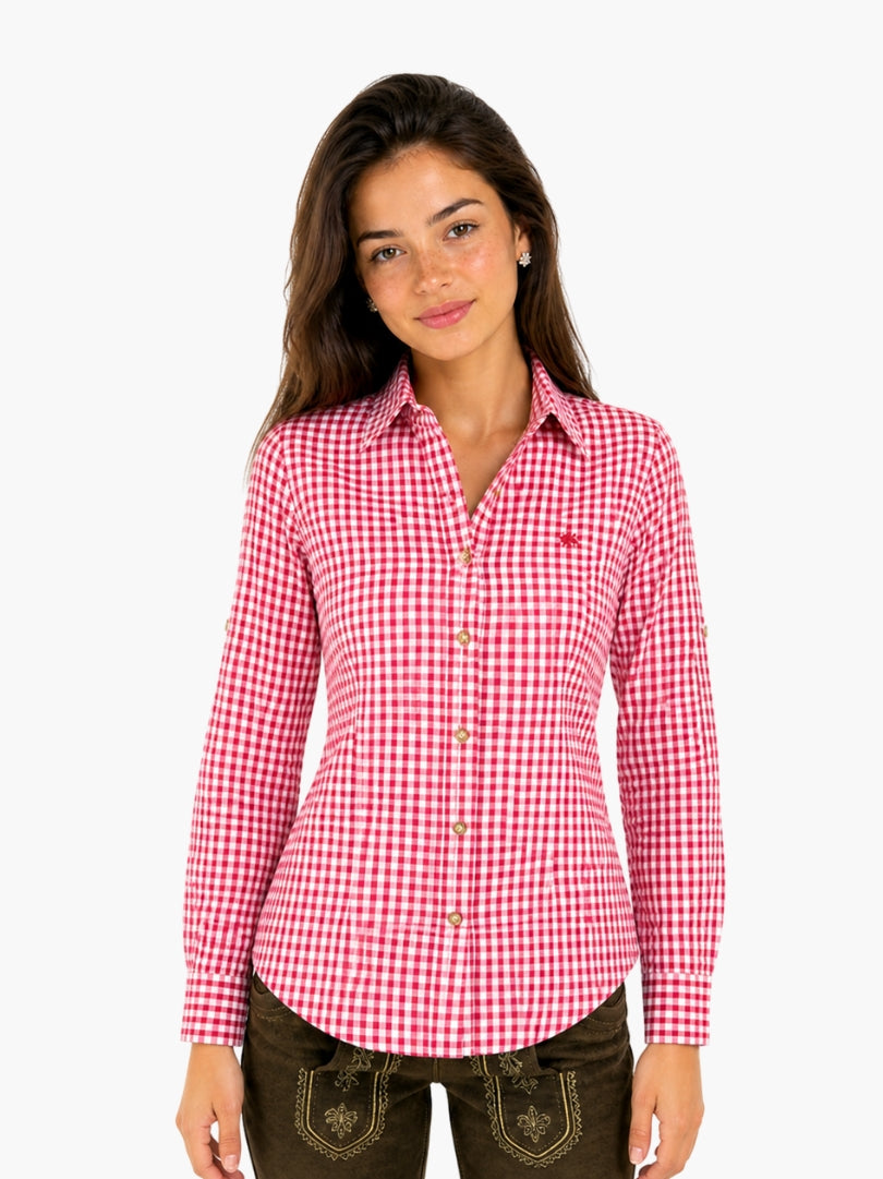 Women’s premium Bavarian style shirt in red check pattern with button front and tailored fit, paired with traditional lederhosen.