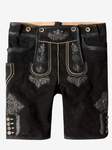Black suede lederhosen shorts displayed flat, highlighting detailed embroidery, front flap design, and decorative buttons.