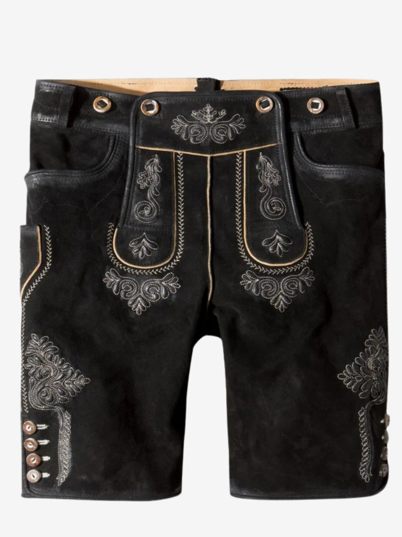 Black suede lederhosen shorts displayed flat, highlighting detailed embroidery, front flap design, and decorative buttons.
