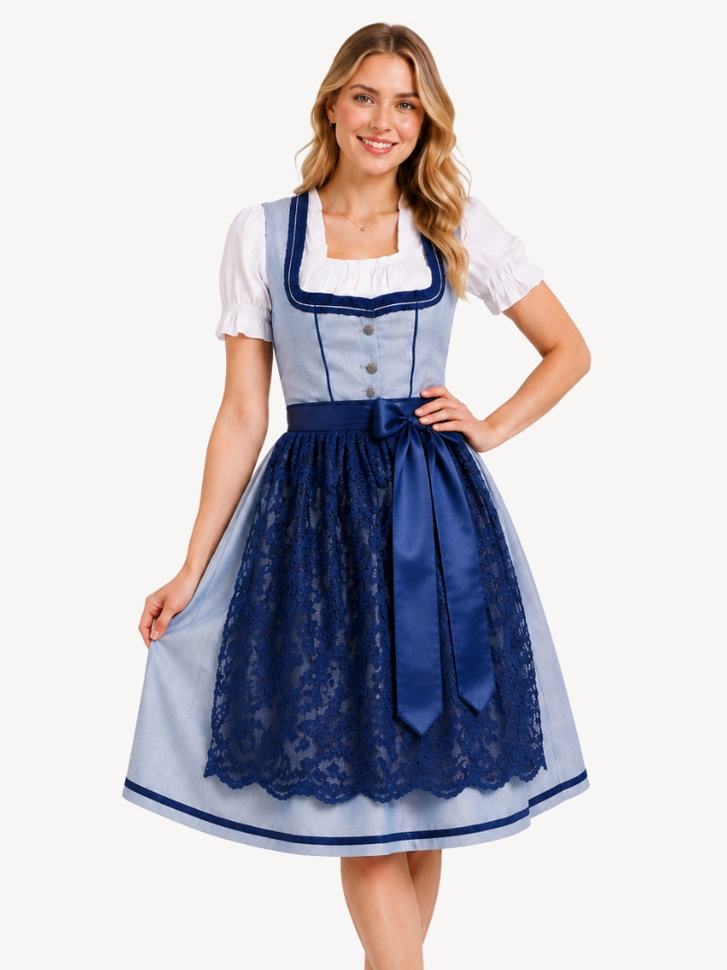 Classic light blue Bavarian dirndl dress with white blouse, navy lace apron, satin waist bow, and traditional detailing.
