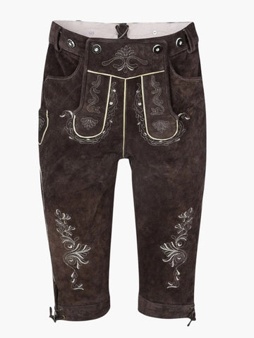 Brown leather bundhosen with detailed front flap embroidery, decorative buttons, and traditional Bavarian design elements.