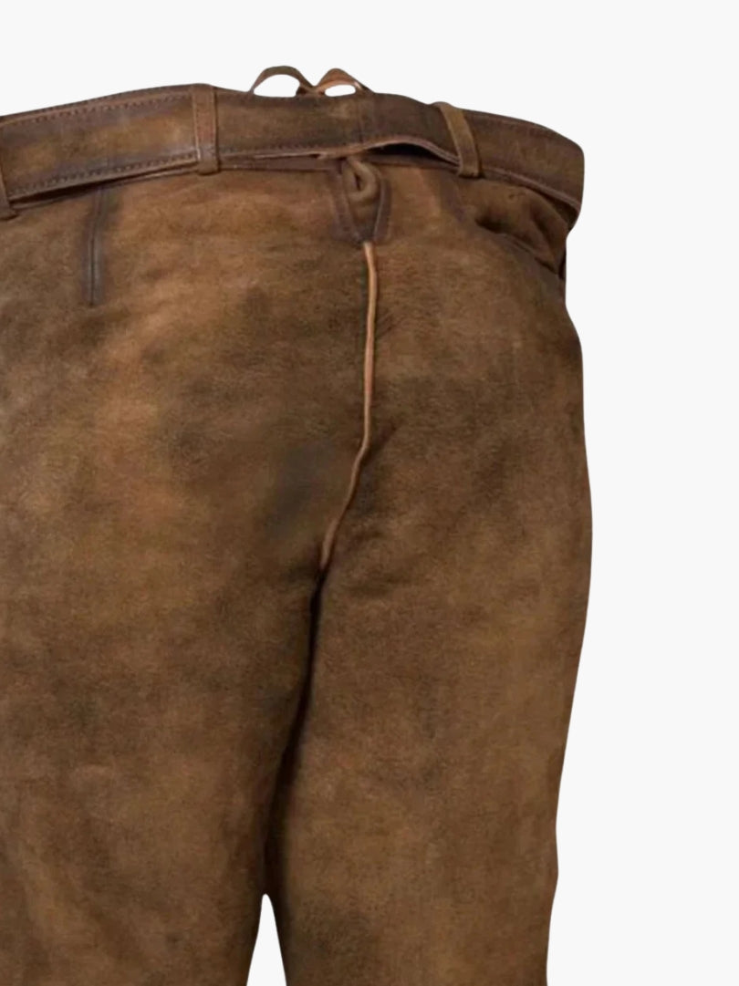 Rear view of brown bundhosen showing adjustable lace-up waistband and smooth suede finish with classic tailoring.