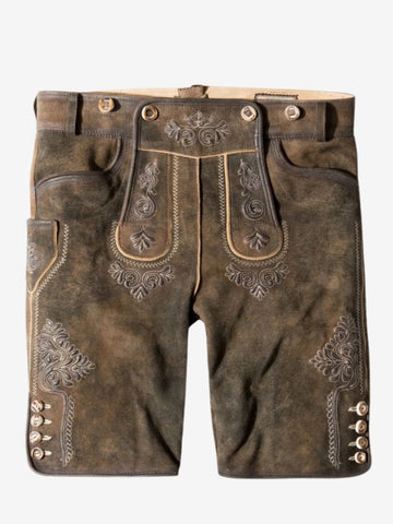 Front flat view of brown leather lederhosen shorts with detailed embroidery and button accents.