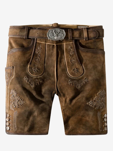Front flat view of brown leather lederhosen shorts with detailed embroidery and belt.