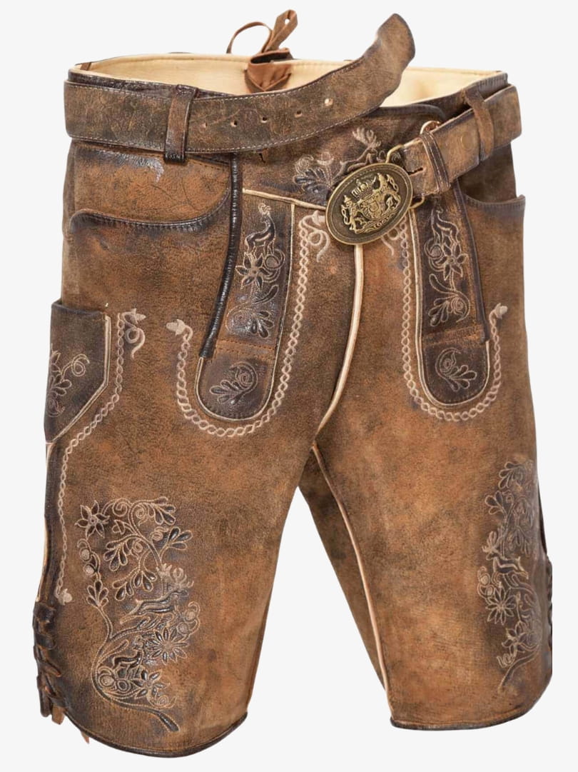 Premium Brown Plus Size Lederhosen for Men with Traditional Bavarian Embroidery and Vintage Belt Buckle