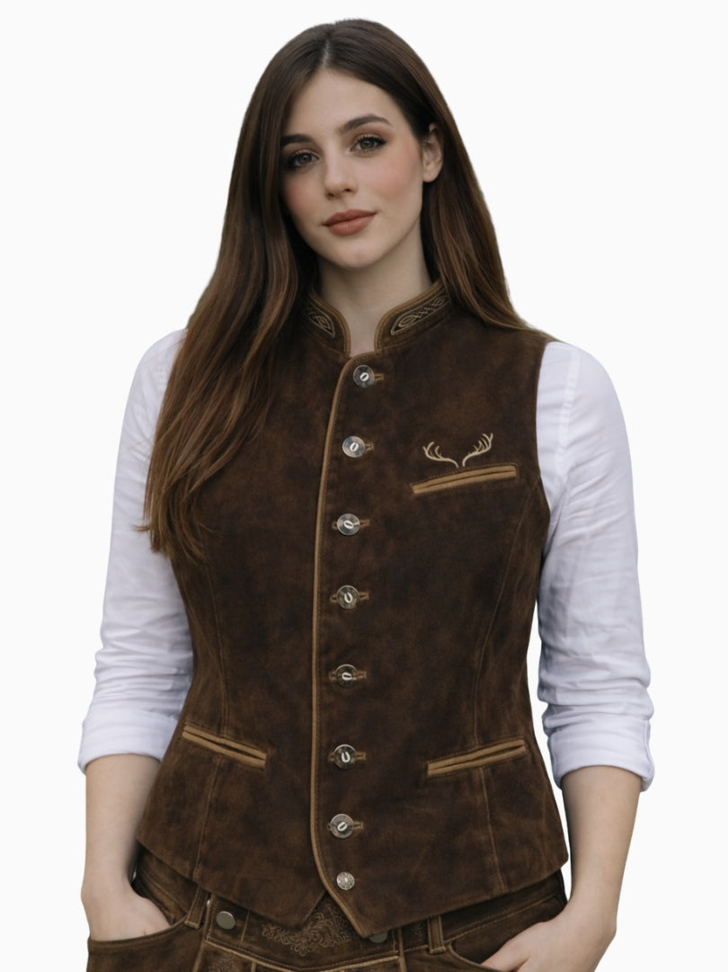 Front view of women's brown suede Bavarian Trachten vest with decorative buttons, stand collar, and traditional Oktoberfest style.