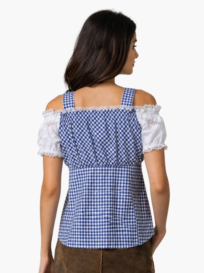 Women’s authentic Bavarian trachten blouse in blue gingham with off-shoulder white puff sleeves, styled for traditional Oktoberfest outfit.