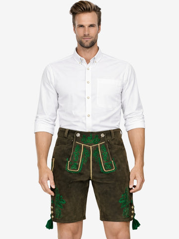 Man wearing dark olive leather lederhosen with green embroidery and a white shirt, showcasing a traditional Bavarian outfit.