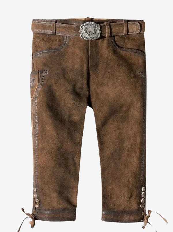 Brown bundhosen shorts displayed without model, featuring belt, front pockets, and knee-length design with ties.