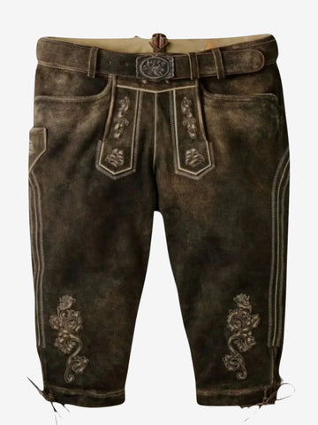Dark brown bundhosen featuring detailed front embroidery, traditional flap design, and belt with decorative buckle.