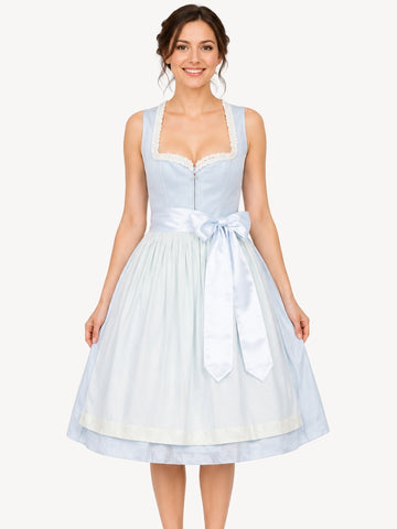 Premium light blue dirndl dress with white lace trim, satin waist bow, pleated skirt, and traditional Bavarian design.