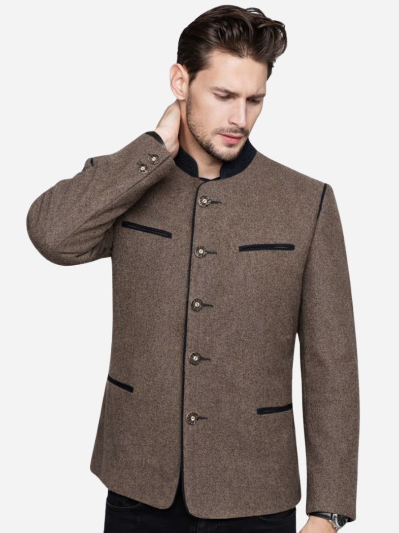Men’s brown wool Bavarian trachten jacket with stand collar and traditional buttons