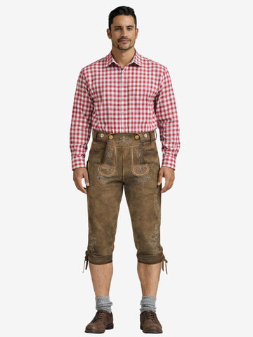 Man wearing brown bundhosen with a red checkered shirt, socks, and shoes in a full-length front view.