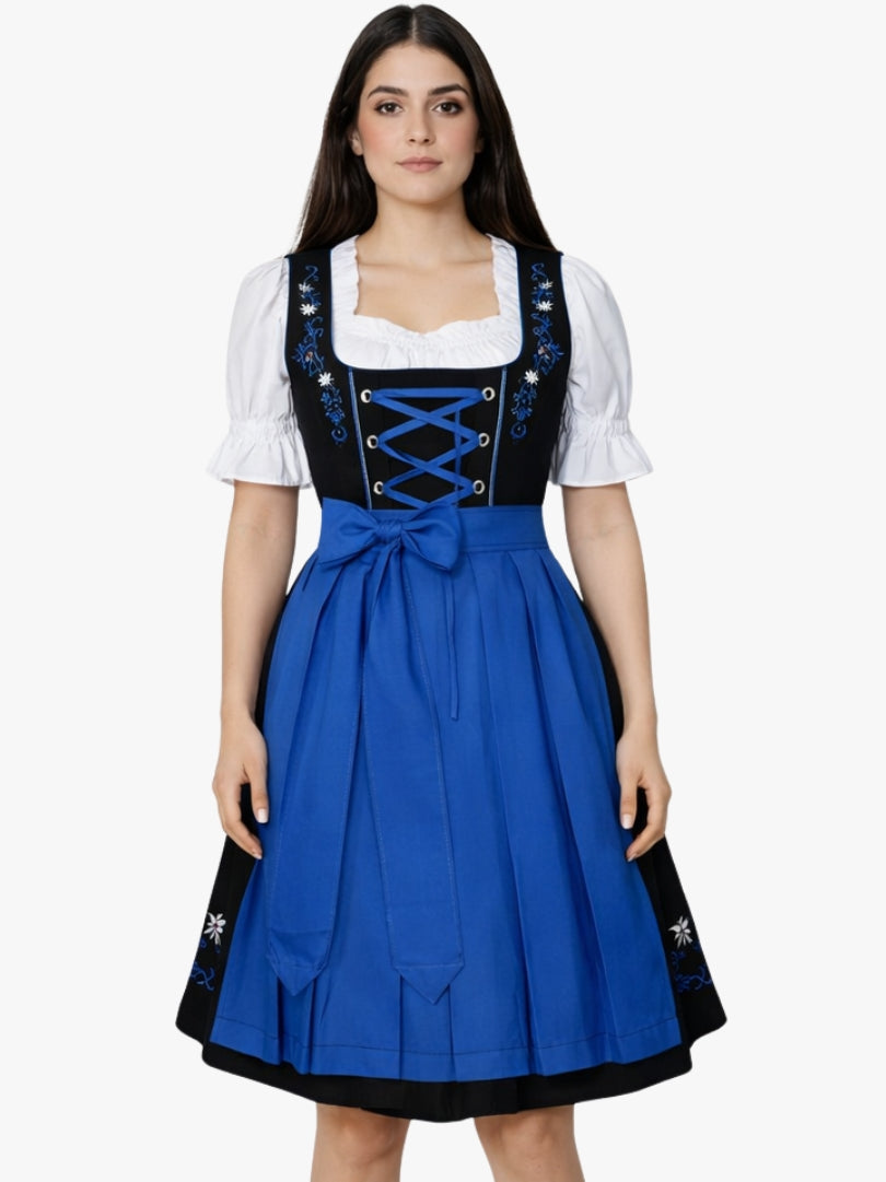 Front view of women's black Bavarian dirndl dress with white puff sleeve blouse, blue lace-up bodice detailing, and blue apron.