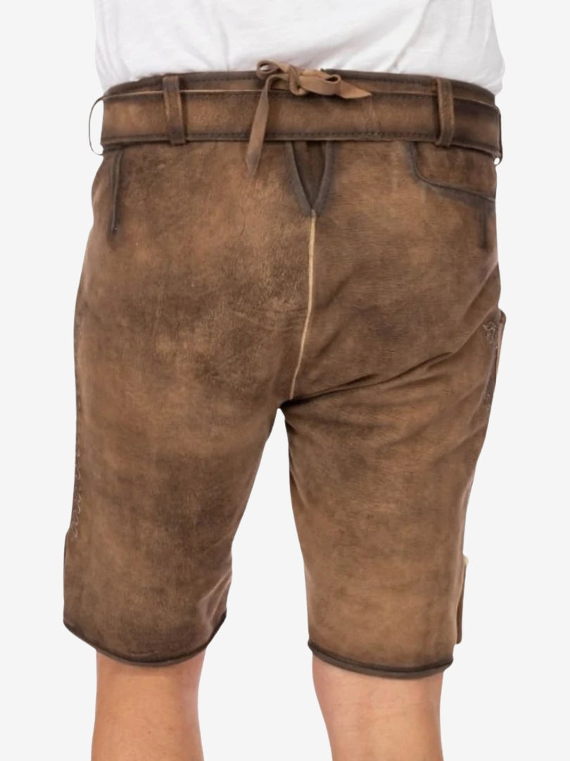 Back view of brown suede lederhosen shorts with adjustable waistband and stitching details.