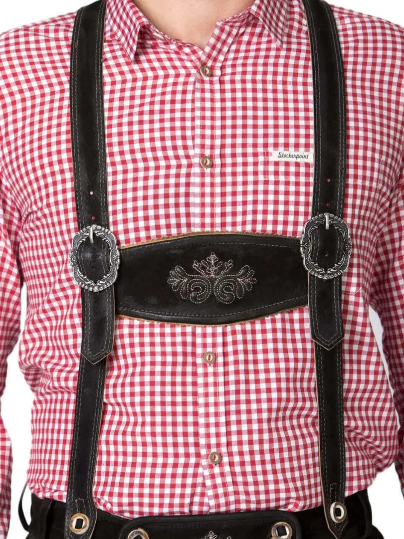 Authentic Plus Size Lederhosen Suspenders Paired with a Red Checkered Trachten Shirt