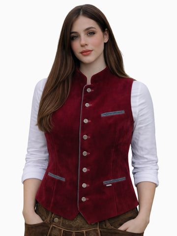 Front view of women's red velvet Bavarian Trachten vest with stand collar, decorative buttons, and classic Oktoberfest style.