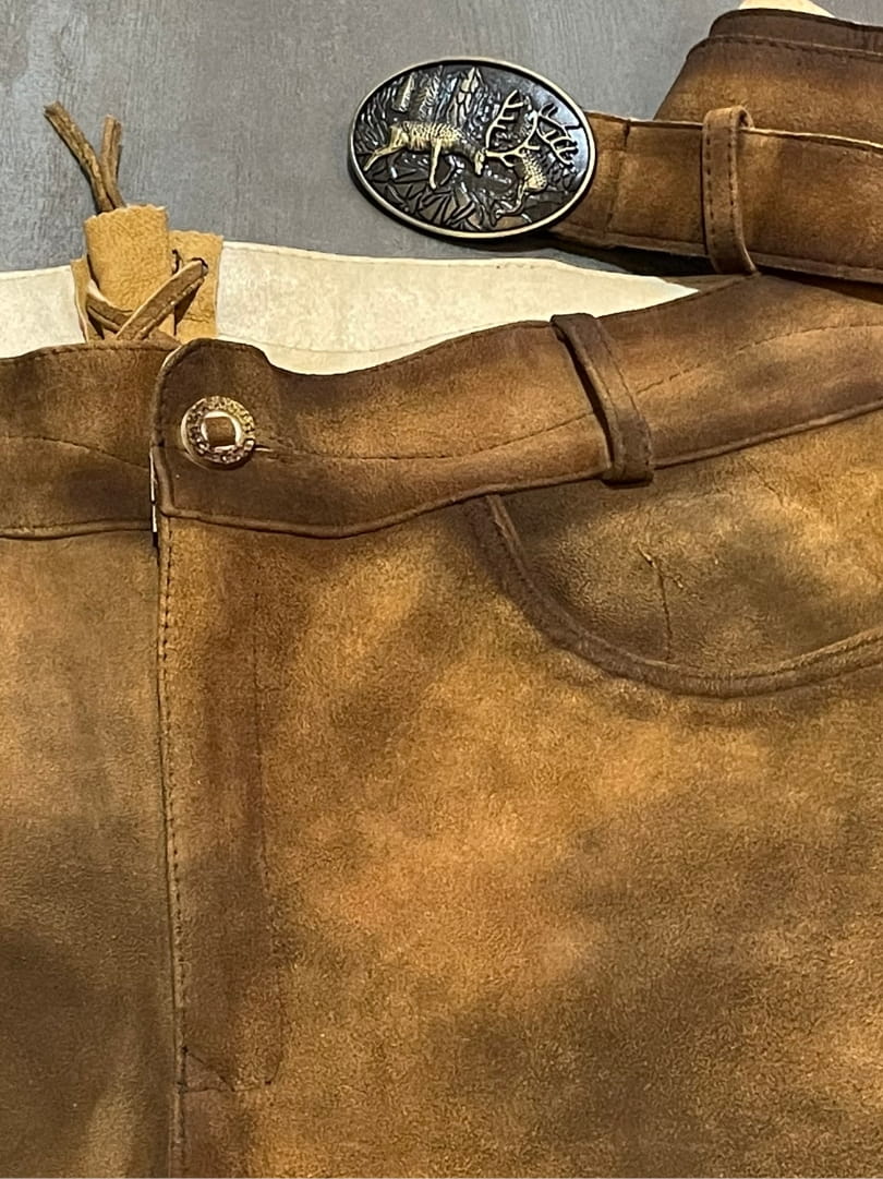 Men's Rustic Brown Premium Lederhosen Short crafted from genuine suede leather with matching leather belt