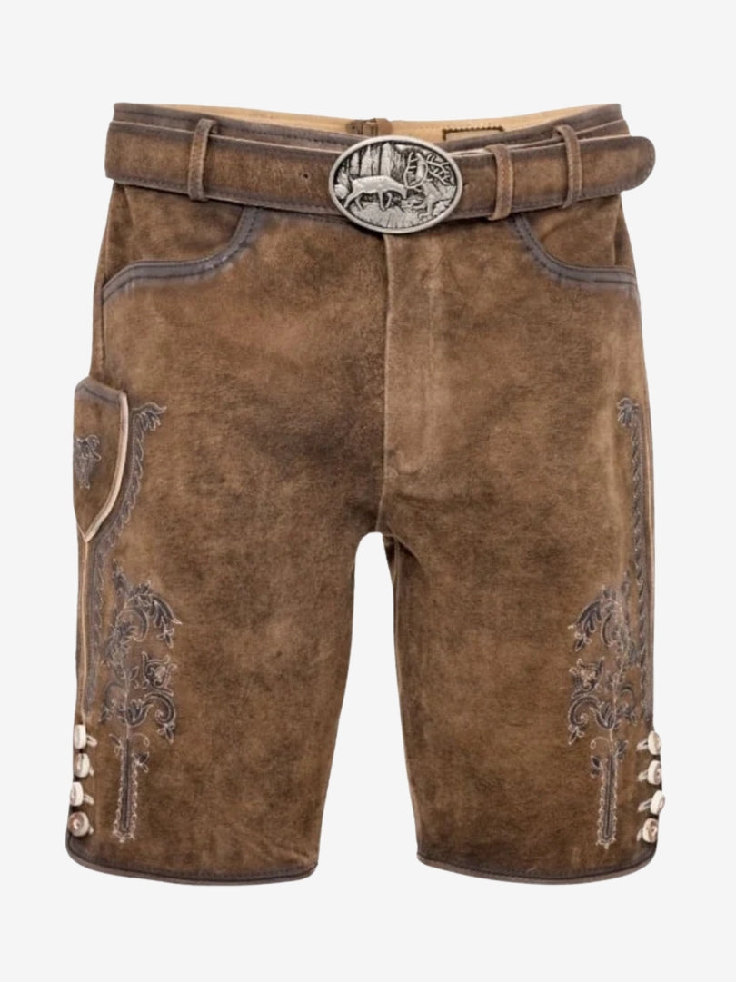 Front flat-lay view of brown lederhosen shorts with belt, embroidery, and button accents.