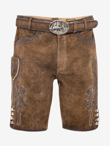 Front flat-lay view of brown lederhosen shorts with belt, embroidery, and button accents.