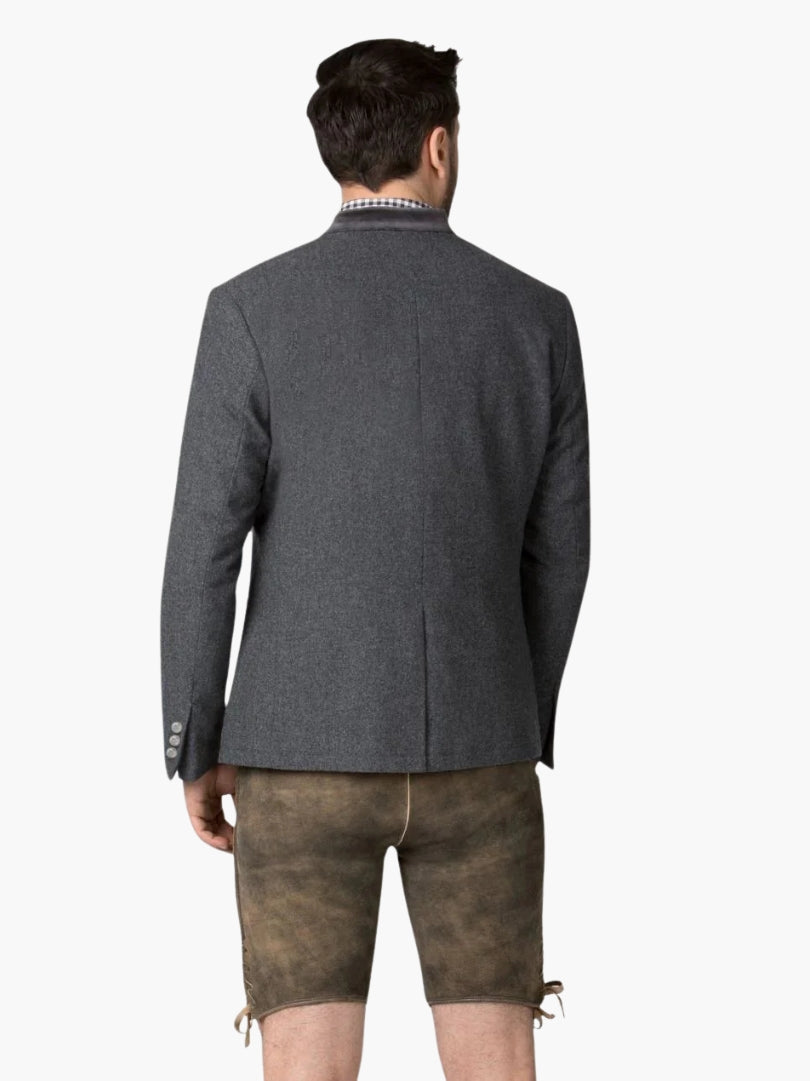 Rear view of men’s dark grey Trachten jacket paired with leather lederhosen shorts, showing tailored fit and clean back design.