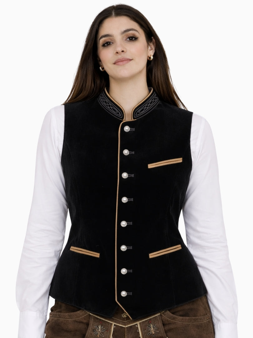 Front view of women's black Bavarian Trachten vest with embroidered stand collar, decorative silver buttons, and fitted traditional design.