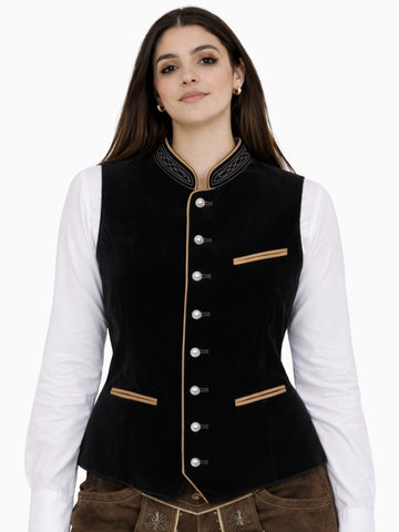 Front view of women's black Bavarian Trachten vest with embroidered stand collar, decorative silver buttons, and fitted traditional design.