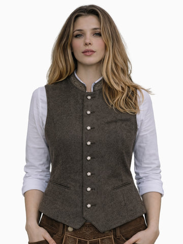 Front view of women's brown wool Bavarian Trachten vest with stand collar, decorative metal buttons, and traditional Alpine design.