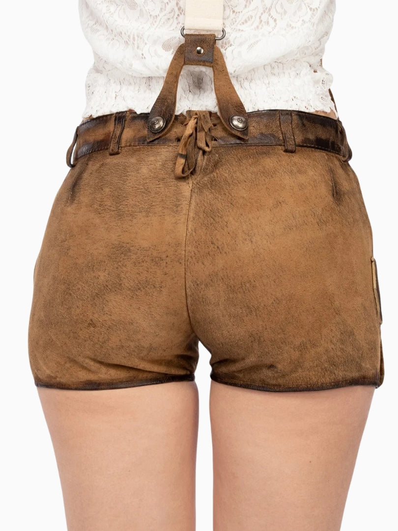 Brown leather shorts with suspenders on a white background
