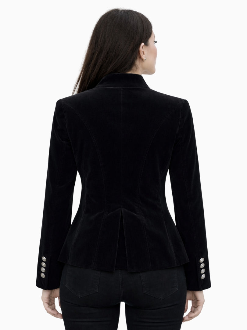 Front view of women's black velvet Bavarian Trachten jacket with stand collar, decorative silver metal buttons, and tailored fitted silhouette.