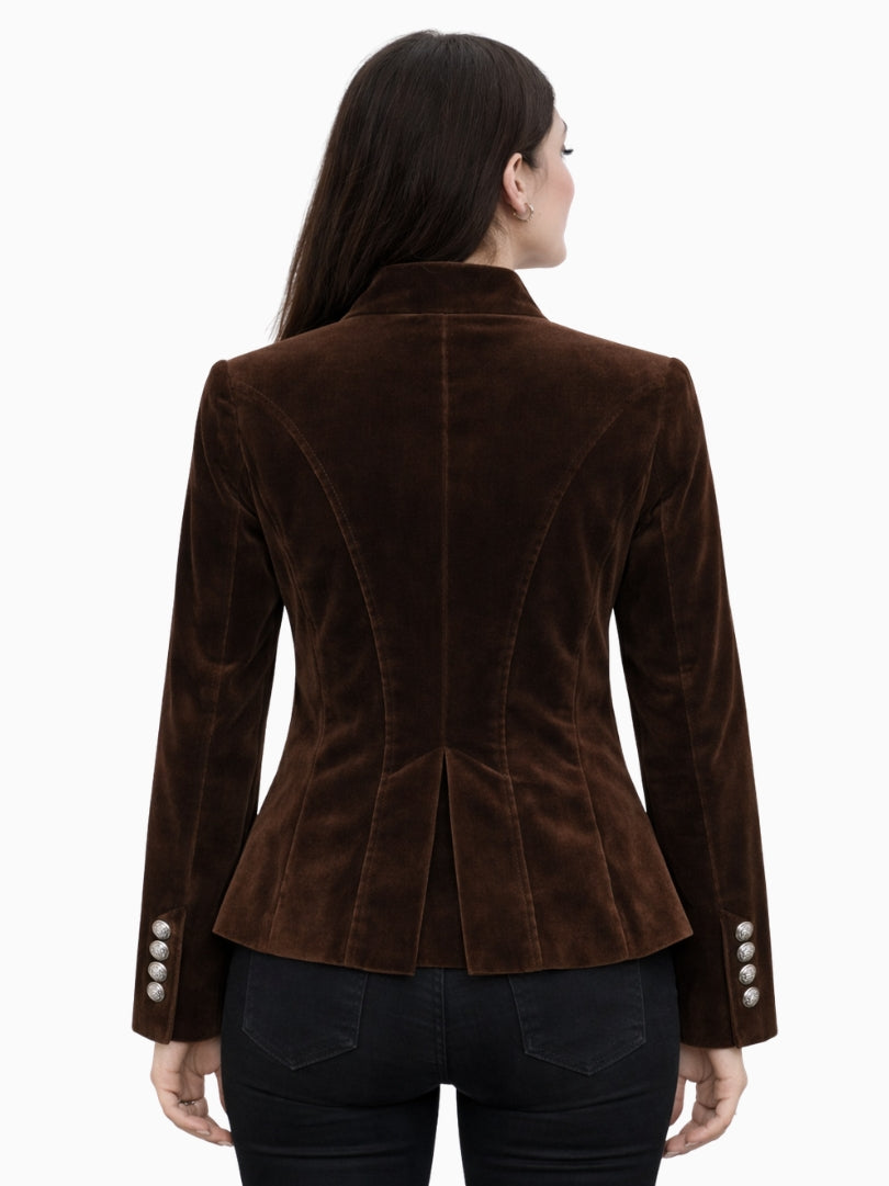 Back view of women's brown velvet Bavarian Trachten jacket with tailored waist, structured seams, and decorative sleeve buttons.