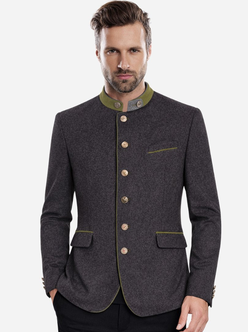 Premium men’s Bavarian trachten jacket in charcoal grey with green accents