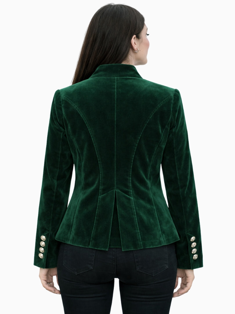 Back view of women's emerald green velvet Bavarian Trachten jacket with tailored waist seams, structured fit, and decorative silver cuff buttons.