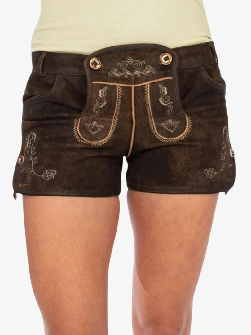 Rustic Brown Lederhosen Shorts with Classic Embroidery