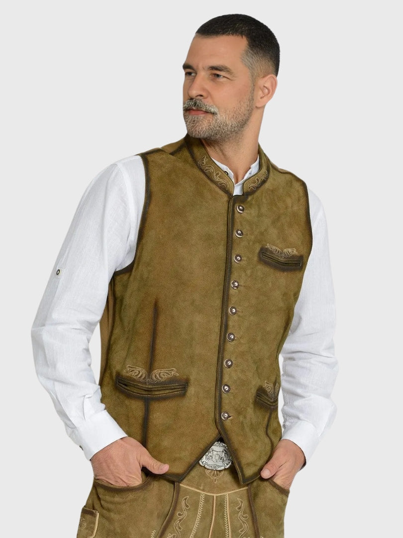 Rustic Light Brown Trachten Vest with Embroidery