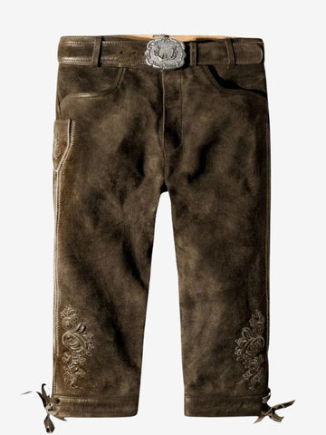 Brown bundhosen with a belt, featuring subtle embroidery on the thighs and traditional knee-length design.