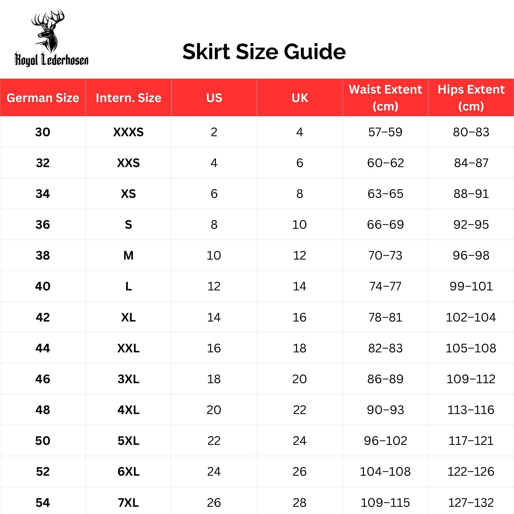 Size Chart for Traditional Bavarian Leather Skirt for Women