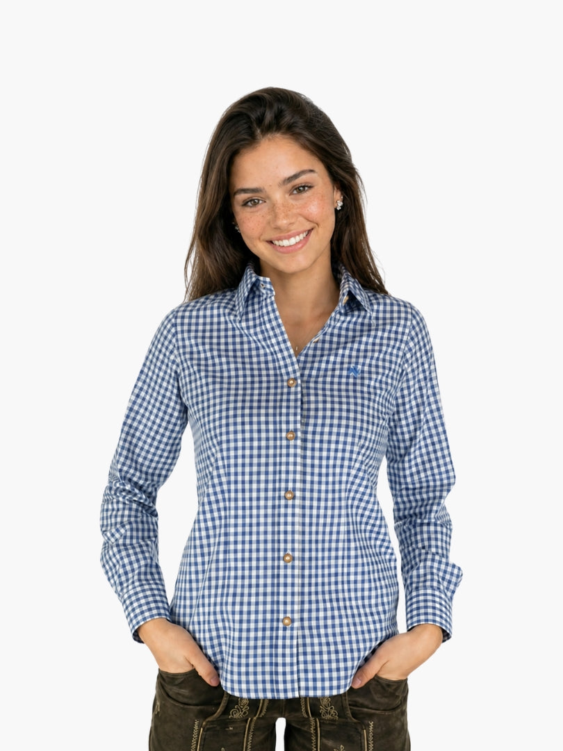 Women’s stylish Bavarian check shirt in blue gingham with button front and fitted design, perfect for Oktoberfest outfit.