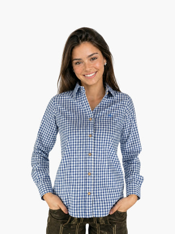 Women’s stylish Bavarian check shirt in blue gingham with button front and fitted design, perfect for Oktoberfest outfit.