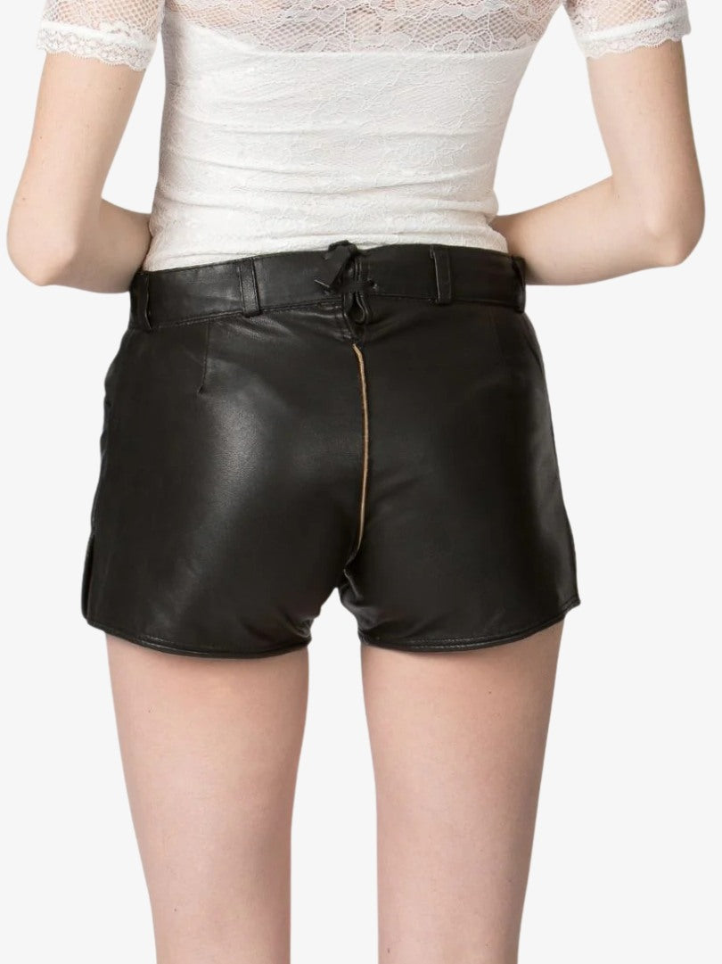 Womens Black Leather Lederhosen Shorts with Embroidery