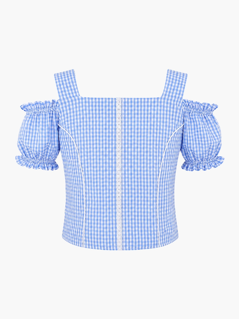 Light blue gingham Oktoberfest blouse with puff sleeves, square neckline, and lace trim for traditional Bavarian outfit.