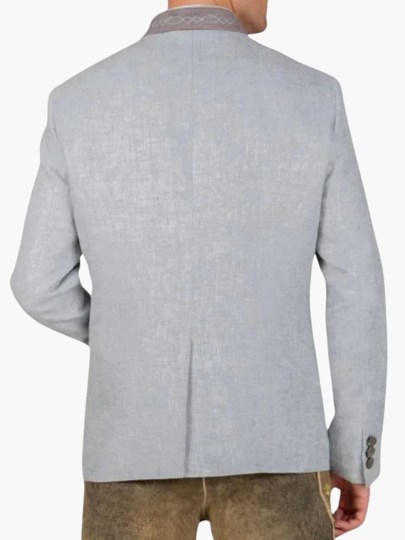 Rear view of grey Trachten jacket showcasing clean tailored cut, structured fit, and traditional Bavarian styling details.