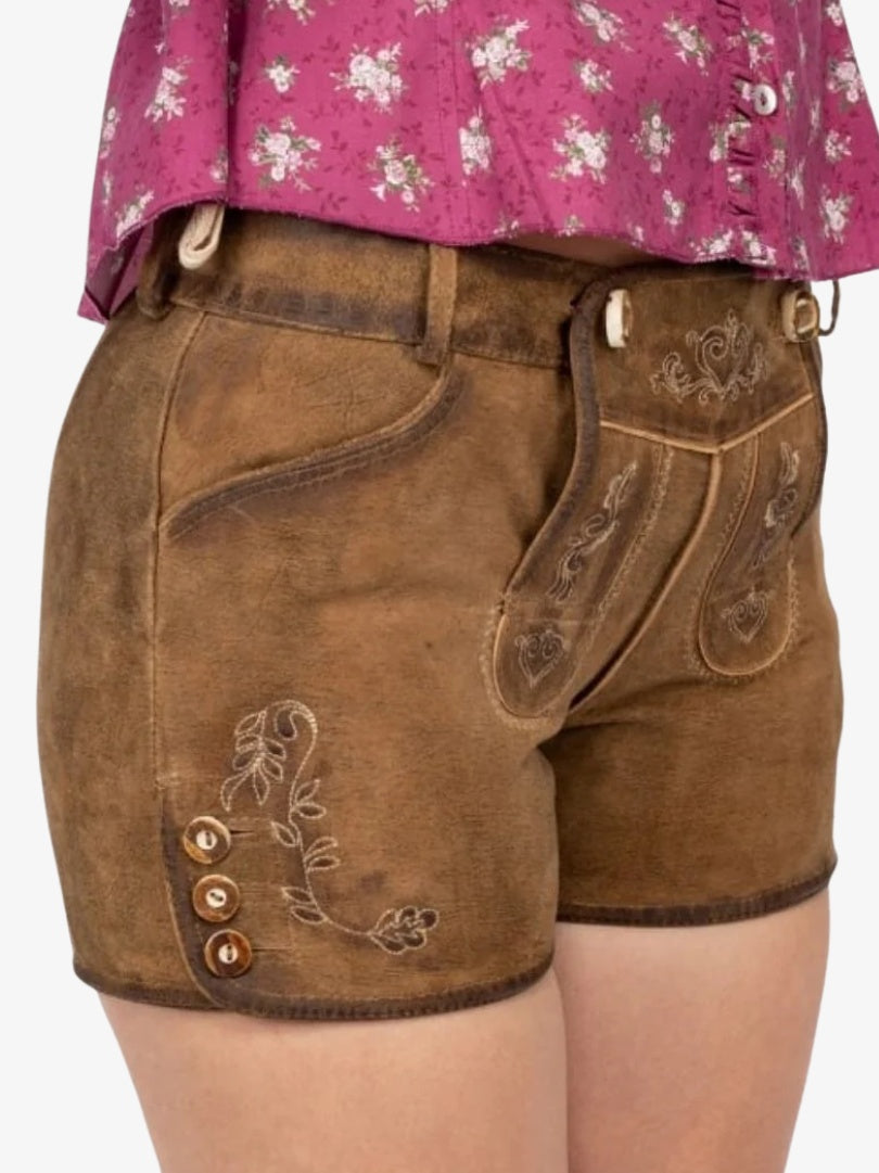 Womens Brown Lederhosen Shorts with Embroidery
