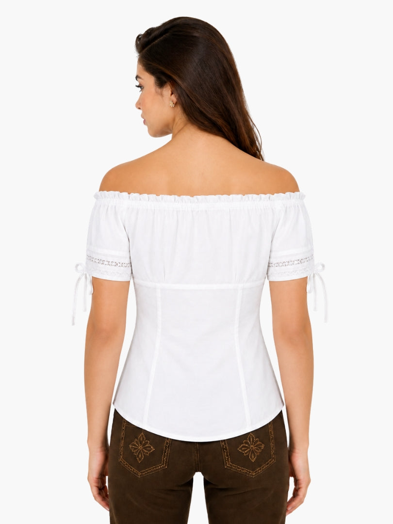 Back view of traditional Bavarian white blouse with off-shoulder design, lace details, and short sleeves for Oktoberfest outfit.
