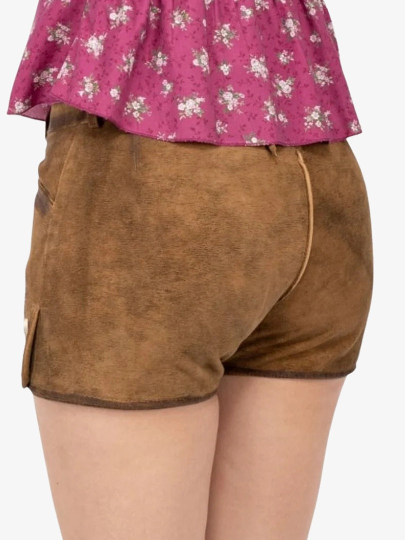 Womens Brown Lederhosen Shorts with Embroidery