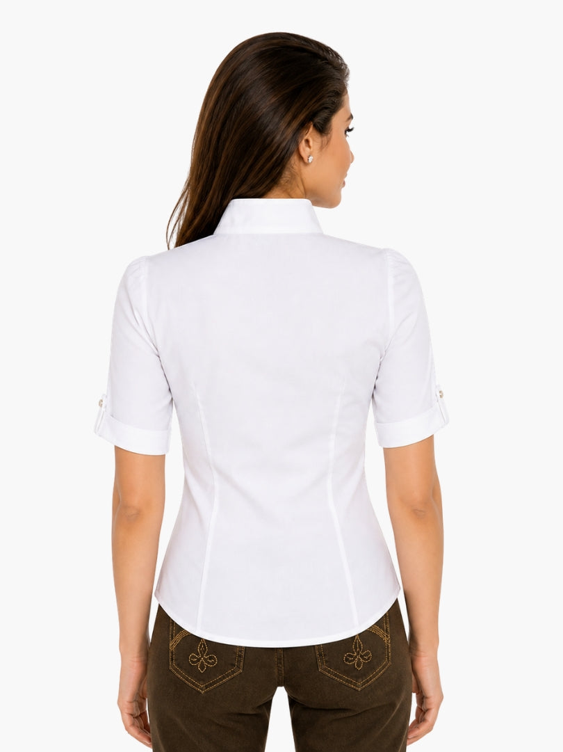 Back view of timeless white dirndl blouse with short sleeves and tailored fit, designed for traditional Oktoberfest outfits.