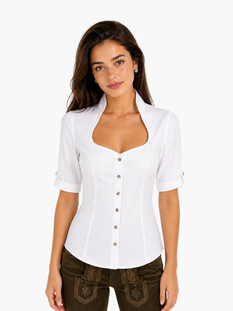 Women’s white trachten blouse with button front, sweetheart neckline, and fitted design, perfect for Bavarian dirndl styling.